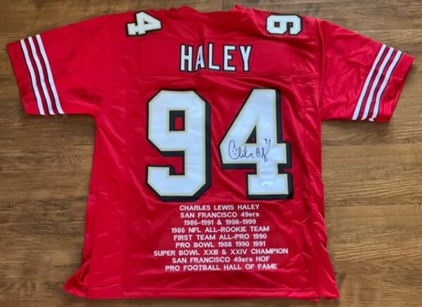 Charles Haley Autographed San Francisco 49ers Pro Style STAT Jersey JSA COA