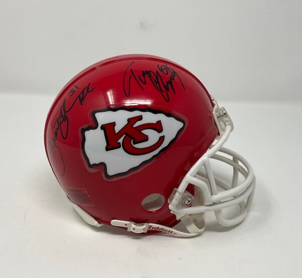 Tony Gonzalez & Priest Holmes Autographed Kansas City Chiefs Mini Helmet PSA