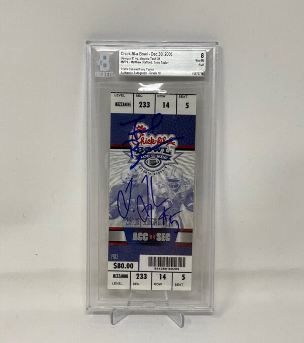 Frank Beamer & Tony Taylor BGS 10 Autographed 2006 Chick-fil-a Bowl Full Ticket BGS 8