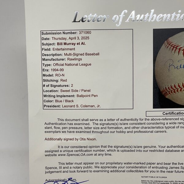 Bill Murray (Actor) Caddyshack And Otis Nixon Atlanta Braves Autographed ONL Baseball JSA LOA - Image 8