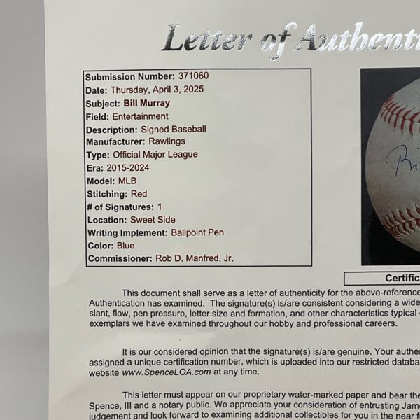 Bill Murray Autographed Actor Comedian Ghostbusters Caddyshack ROML Baseball JSA LOA - Image 9