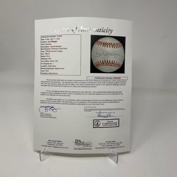 Joe DiMaggio Autographed New York Yankees 938/1941 Limited Edition OAL Baseball JSA LOA - Image 7