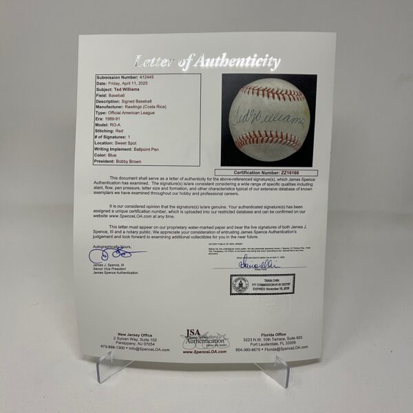 Ted Williams Autographed Boston Red Sox OAL Baseball JSA LOA - Image 7