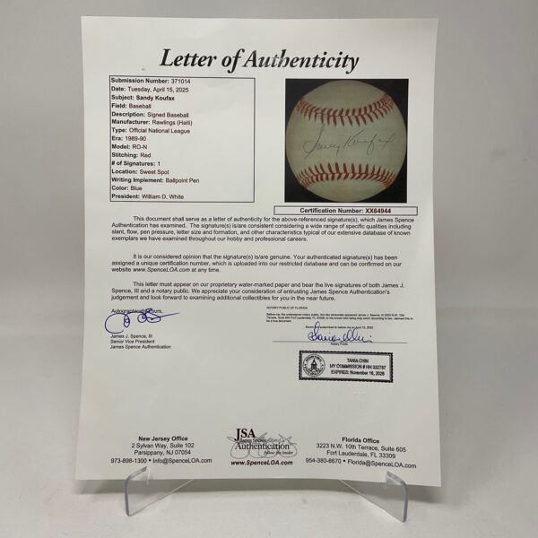 Sandy Koufax Autographed Brooklyn Dodgers ONL Baseball JSA LOA - Image 7