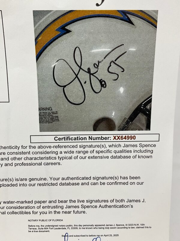 Rare Junior Seau Autographed San Diego Chargers Mini Helmet JSA LOA - Image 9