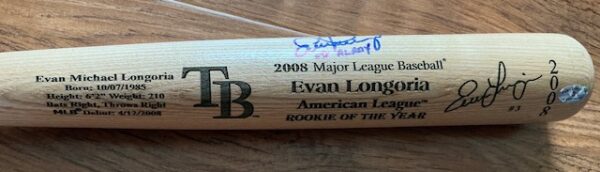 Evan Longoria Autographed Tampa Bay Rays Louisville Slugger 2008 ROY Commemorative Baseball Bat JSA COA - Image 3