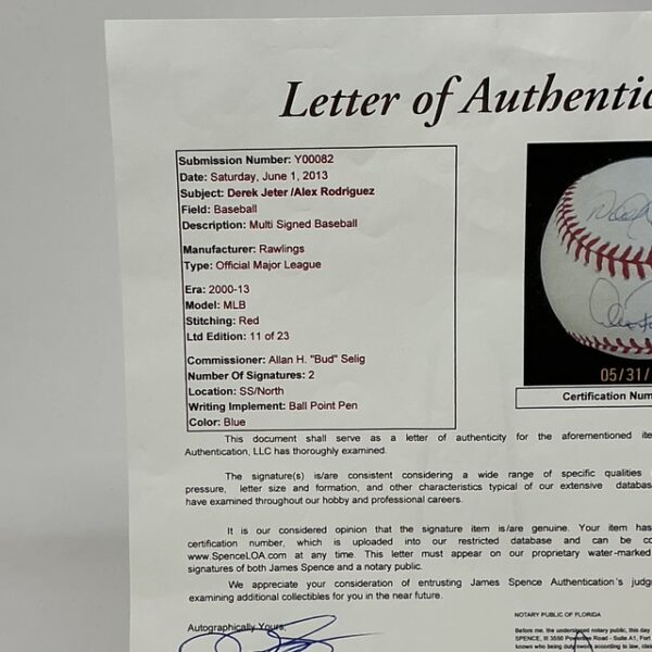 Derek Jeter & Alex Rodriguez Autographed New York Yankees ROML Baseball JSA LOA - Image 9