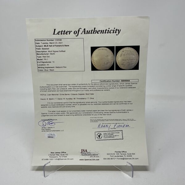 MLB Hall of Famers & Stars 10 Signatures Banks Martin Cepeda Worth Red Dot Softball JSA LOA - Image 8