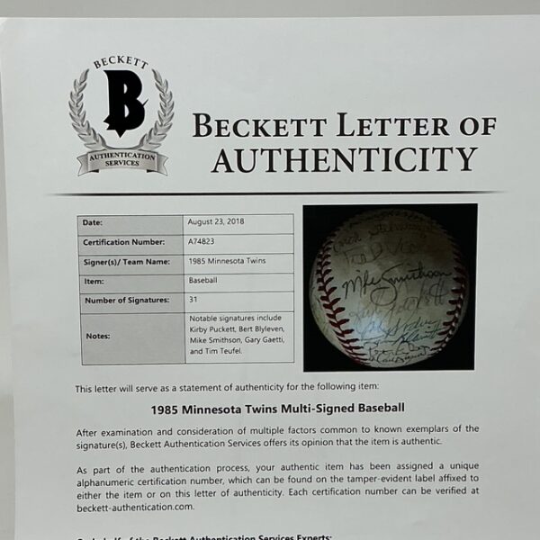 1985 Minnesota Twins 31 Signatures Kirby Puckett Team Signed OAL Baseball Beckett LOA - Image 8