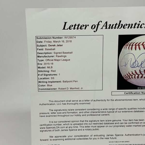 Derek Jeter Autographed New York Yankees ROML Baseball JSA LOA - Image 9