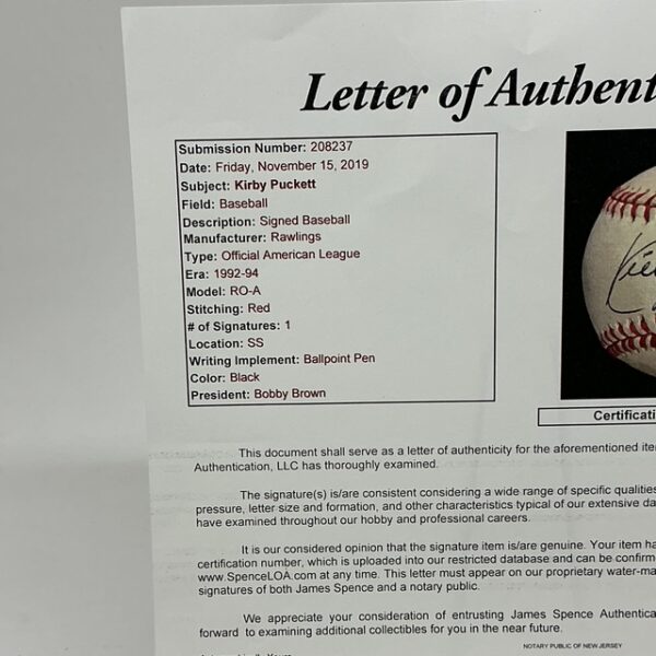 Kirby Puckett Autographed Minnesota Twins #34 OAL Baseball JSA LOA - Image 9