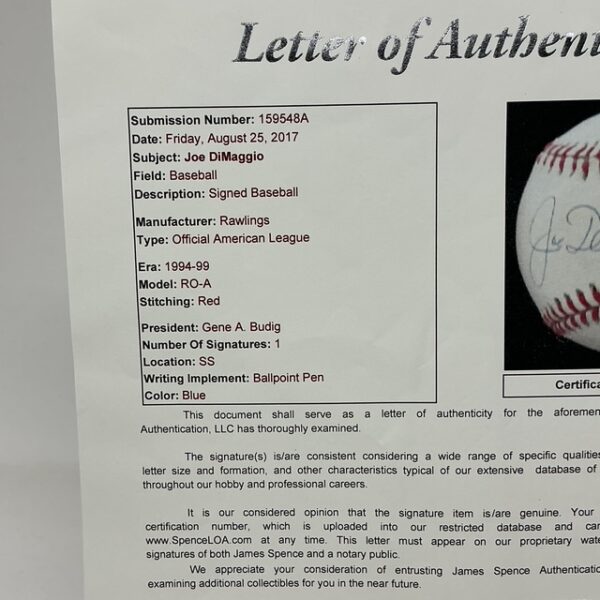 Joe DiMaggio Autographed New York Yankees Baseball JSA LOA - Image 9