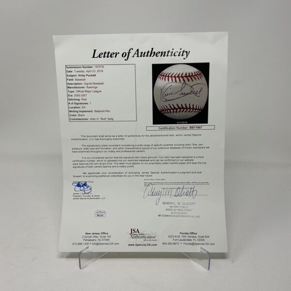 Kirby Puckett Autographed Minnesota Twins ROML Baseball JSA LOA - Image 7