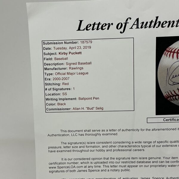 Kirby Puckett Autographed Minnesota Twins ROML Baseball JSA LOA - Image 9