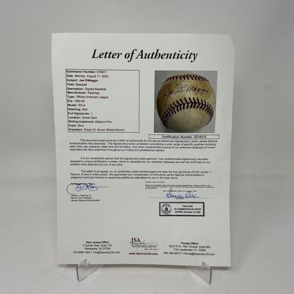 Joe DiMaggio Autographed New York Yankees OAL Baseball JSA LOA - Image 8