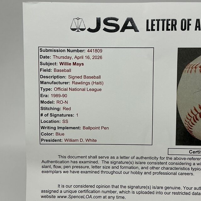Willie Mays Autographed San Francisco Giants ONL Baseball JSA LOA - Image 10