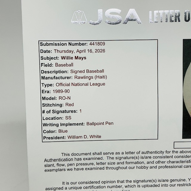 Willie Mays Autographed San Francisco Giants ONL Baseball JSA LOA - Image 10